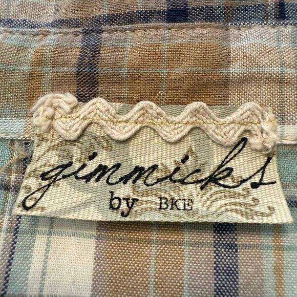 Gimmicks by BKE Blue and Tan Plaid Flannel Lace Up Long Sleeve Shirt Size L - Picture 12 of 14